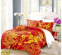 REALIN Traditional Dragon and Phoenix Duvet Cover Set Chinese Style Bedding China Red Bed Sets 2/3/4PCS Quilt Covers/Sheets/Pillow Shams,Single/Double/King Size (A,King-220×230cm-3PCS)