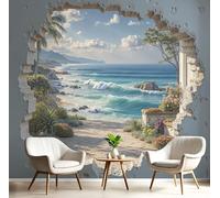Realism Ocean Waves Plants Wallpaper for Living Room - Sea View Hole in The Wall Wall Murals, Non-Woven Blue Photo Wallpaper Wall Art, for Bedroom Kitchen Restaurant Office - 300 x 210 cm