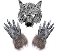 Realistic 3D Werewolf Mask & Claws Gloves Set PU Foam Scary Fierce Wolf Mask with Wolf Paw Gloves Halloween Costume Cosplay Party Prop Horror Monster Glove for Adult Kids Carnival Masquerade