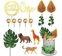 Realistic Animal Cake Toppers, 15 PCS Safari Jungle Cake Toppers with Artificial Plam Leaves Eucalyptus Leaves Decors with Lion Giraffe Cheetah for Wild Theme Birthday Baby Shower Party (One)