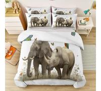 Realistic Animals Elephant Rhinoceros Duvet Cover Set Soft Comforter, Print Pattern 3 Piece Bedding Set with Pillowcase Yellow And Gray All Season Decorative Quilt Cover for Kids Adults 200 x 200 cm