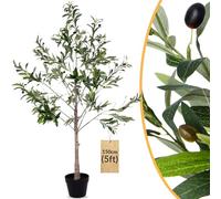 Realistic Artificial Olive Tree 150CM / 5 FT Tall - Decorative Faux Plants for Indoors - Fake Plant with Green Leaves and Fruit - Plastic Artificial Olive Trees for Indoors Home Décor with Black Pot