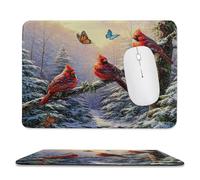 Realistic Colorful Bird Stitched Edge Mouse Pad,Rustic Cute Winter Forest Snow Pine Trees Red Birds Butterfly Soft Mousepad with Non-Slip for Office,Home 9.4"x7.9"