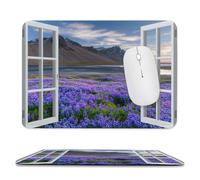 Realistic Colorful Lavender Stitched Edge Mouse Pad,Beautiful Rustic Open Window Nature Landscape Mountain Floral Soft Mousepad with Non-Slip for Office,Home 9.4"x7.9"