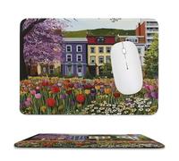 Realistic Colorful Tulip Stitched Edge Mouse Pad,Rustic Beautiful Italian Town Spring Garden Trees Flower Tulips Daisie Soft Mousepad with Non-Slip for Office,Home 11.8"x9.8"