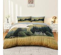 Realistic Countryside Wheat Field Architecture Print Duvet Cover Sets Double Size, Yellow And Green Bedding Set for Kids Teens, Soft Breathable Easycare Lightweight Duvet Cover Bedding 230 x 220 cm