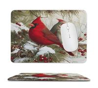 Realistic Cute Bird Stitched Edge Mouse Pad,Colorful Rustic Winter Forest Snow Pine Trees Red Birds Soft Mousepad with Non-Slip for Office,Home 11.8"x9.8"