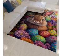 Realistic Easter Bunny Rug 120x150 Brown Rabbit with Colorful Eggs Spring Flower Large Living Room Rug for Holiday Decor Washable Non-slip Low Pile Mat Modern Boho Style Carpet for Bedroom Beside
