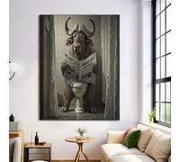 Realistic Exaggerated Animal Canvas Wall Art, Frameless Canvas Pictures For Living Room, Art Decor For Bedroom Walls, Water Buffalo Sitting On The Toilet Reading Newspaper Painting,40×60 Cm,Dark Brown