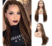 Realistic Hand Braided Lace Front Wigs for Black Women Micro Long Mixed Brown Braiding Braids Wig Natural Hairline Realistic Synthetic Heat Resistant Hair Replacement Wigs Daily Cosplay 28 Inch