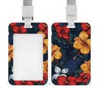 Realistic Hawaiian Flowers Badge Holder with Lanyard - Waterproof Hard Plastic ID Card Holder Professional Name Tag Vertical ID Card Name Badge for Office Nurse Doctor Teacher