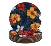 Realistic Hawaiian Flowers Car Coasters, 6PCS Non-Slip Car Cup Holder Coasters with Cork Base, Heat Resistant & Waterproof Drink Coaster for Women Men