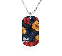 Realistic Hawaiian Flowers Necklace Titanium Steel Rectangle Pendants, Chain Necklace Jewelry Gift for Men Women