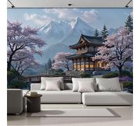 Realistic Japanese Landscape Non-Woven Wallpaper - Blue-Gray Temples Flower Mount Fuji Wall Mural For Bedroom, Living Room Background Decoration, 3D Photo Wall Paper Poster Picture 350X256Cm (Wxh)
