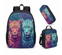 Realistic Leopard Parrot Jungle 17 Inch Backpack 3 Piece Set, Vibrant Animal Print School Bag for Kids Students (09)