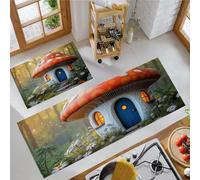 Realistic Mushroom House Non Slip kitchen floor mats Set 2 Piece, 3D Fantasy Kitchen Mat Anti Fatigue Set, Red kitchen carpets for Home Decoration - 60X89+60X152cm