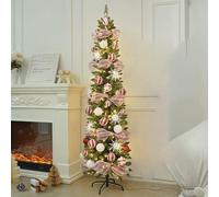 Realistic Narrow Artificial Christmas Tree, Pre-decorated Green Christmas Tree, Foldable, For Apartments, Offices, Porches, Holiday Decorations, Schools(Red,1.5m/5ft)