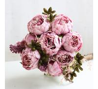 Realistic Pale Mauve Artificial Peony Bouquet - 13 Heads Silk Flowers For Wedding & Home Decor