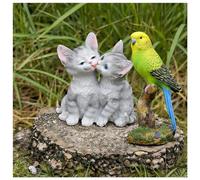 Realistic Parrot Sculpture with Couple Cat Figurine - Resin Hanging Parrots & Cat Garden Statue - Lifelike Vibrant Animal Ornament for Lawn & Patio Decor (Green Parrot & Couple Cat Statue Resin)