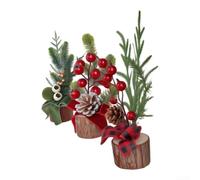 Realistic Pine Needle Tree 25cm Festive Berry Accent | 30cm height, realistic pine needles, rustic wood base, red plaid berries, holiday centerpiece