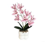 Realistic Pink Cymbidium Orchid Faux Plant in White Ceramic Pot 13.8 Inch Artificial Flowers for Living Room Bedroom Bathroom Modern Minimalist Decor(Pink)