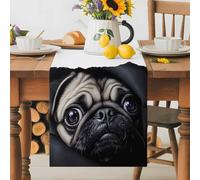 Realistic Pug Dog Pattern Table Runner 36 Inches Long,Table Runners Kitchen Dining Tables Decoration for Home Party Decor, Dark Background Tables Runner Wedding Dresser Scarf
