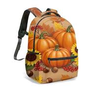 Realistic Pumpkin Sunflower Backpack 42cm Red Berries Acorns Nuts Autumn Leaves Fall Harvest Wood Grain Orange Warm Colors School Bookbag (02)