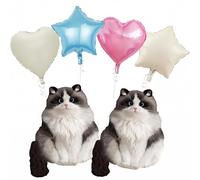 Realistic Ragdoll Cat Foil Balloon Bouquet Kit 6Pcs - Cute Blue-Eyed Cat Themed Party Decorations with Heart Star Balloons for Birthday, Pet Celebration, Baby Shower