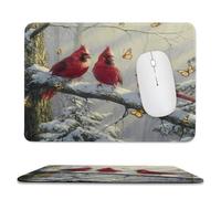Realistic Rustic Bird Non-Slip Base Mousepad,Colorful Cute Winter Forest Snow Pine Trees Red Birds Butterfly Stitched Edges for Decoration,Most Types of Mouse 9.4"x7.9"