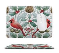Realistic Rustic Bird Stitched Edge Mouse Pad,Colorful Cute Winter Christmas Pine Leaves Pinecone Red Birds Soft Mousepad with Non-Slip for Office,Home 11.8"x9.8"