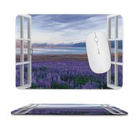 Realistic Rustic Lavender Stitched Edge Mouse Pad,Beautiful Colorful Open Window Nature Landscape Mountain Flower Soft Mousepad with Non-Slip for Office,Home 9.4"x7.9"
