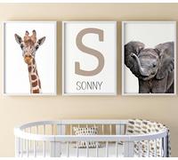 Realistic Safari Animals Baby Girl or Boy Nursery Bedroom Set of 3 Unframed Prints, Personalised Name, Nursery Playroom Jungle Wall Art Decor, Giraffe Elephant Lion Zebra Panda Koala (A5)