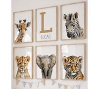 Realistic Safari Animals Set of 6 Unframed Poster Prints For Boy Girl Nursery Bedroom, Personalised Name In Brown Grey, Neutral Jungle Wall Art Decor, Elephant Lion Zebra Giraffe Tiger Meerkat (A5)