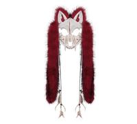 Realistic Scary Animal Skull Mask Viking Faux Fur Fox Wolf Mask Werewolf Costume Barbarian Cosplay Headdress for Men Women Halloween Party Carnival (Wine Red)