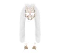Realistic Scary Animal Skull Mask Viking Faux Fur Fox Wolf Mask Werewolf Costume Barbarian Cosplay Headdress for Men Women Halloween Party Carnival (White)