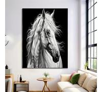 Realistic Sketch Style Wall Art Close-Up Of The White Horse'S Head UnFramed Canvas Wall Art Black And White Walls Decor for Living Room Bedroom Restaurant Home Office Walls Decoration,60 x 90 cm