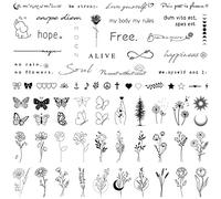 Realistic Temporary Tattoos for Women - 60 Sheets Tiny Small Removable Adult Fake Tattoos,185 Pcs Minimalist Waterproof Inspirational Quotes Words Wild Flower Floral Bouquet Adults Tattoo Stickers