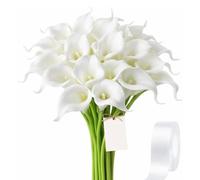 Realistic White Calla Lily Artificial Flowers, 15/30pcs Bendable, Soft Touch & Easy To Clean For Home Decor, Wedding Bouquets & Bathroom Arrangement Pure White 15Pcs+Ribbons