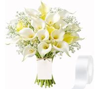 Realistic White Calla Lily Artificial Flowers, 15/30pcs Bendable, Soft Touch & Easy To Clean For Home Decor, Wedding Bouquets & Bathroom Arrangement White 15Pcs+Ribbons