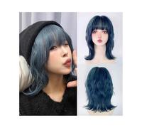 Realistic Wigs Blue Mullet Head Synthetic Short Wavy Wig with Bangs Heat Resistant Fluffy Cosplay Women Hairstyle