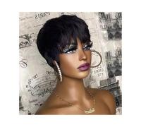 Realistic Wigs Chocolate Brown Short Pixie Cut Wig Human Hair Machine Made Wigs with Bangs Women Hairstyle(Natural Black)