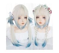 Realistic Wigs Irregular Coloring Straight Wig with Bangs White Gradient Blue Long Synthetic Girl Cosplay Lolita Soft Breathable Heat Resistant Women Hairstyle