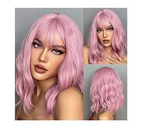 Realistic Wigs Light Pink Short Wavy Synthetic Hair Wigs with Bangs Cosplay Natural Shoulder Length Bob Wig For Women Afro Heat Resistant Fiber Women Hairstyle