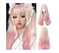 Realistic Wigs Long Wavy Curly Wig with Bangs, Blonde Gradient Light Pink for Women Girls Heat Resistant Synthetic Halloween Cosplay Hair Wigs Women Hairstyle