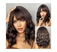 Realistic Wigs Wavy Bob Wig with Bangs for Women, Medium Dark Brown Natural Wave with Bang Shoulder Length Synthetic Wigs for Girls Women Hairstyle