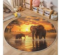 Realistic Wild Animals Round Area Rug for Indoor 180cm, Elephant Sunset Printed Washable Rug, Non-Slip Foldable Orange Circle Carpet, for Bedside Bedroom Living Room Dining Room Floor Mat