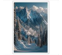 Realistic Winter Scenery Decoration Poster, Snow-Capped Mountains Pine Forests Decoration Painting, Printed Poster On The Background Wall Of The Living Room Office, Frameless (Blue And White,60×90 cm)