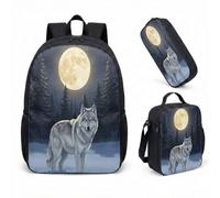 Realistic Wolf Print 17 Inch Backpack 3 Piece Set Dreamy Mountain Art School Bookbag for Boys Girls Men Women (03)