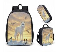 Realistic Wolf Print 17 Inch Backpack 3 Piece Set Dreamy Mountain Art School Bookbag for Boys Girls Men Women (08)