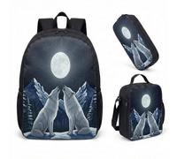 Realistic Wolf Print 17 Inch Backpack 3 Piece Set Dreamy Mountain Art School Bookbag for Boys Girls Men Women (07)